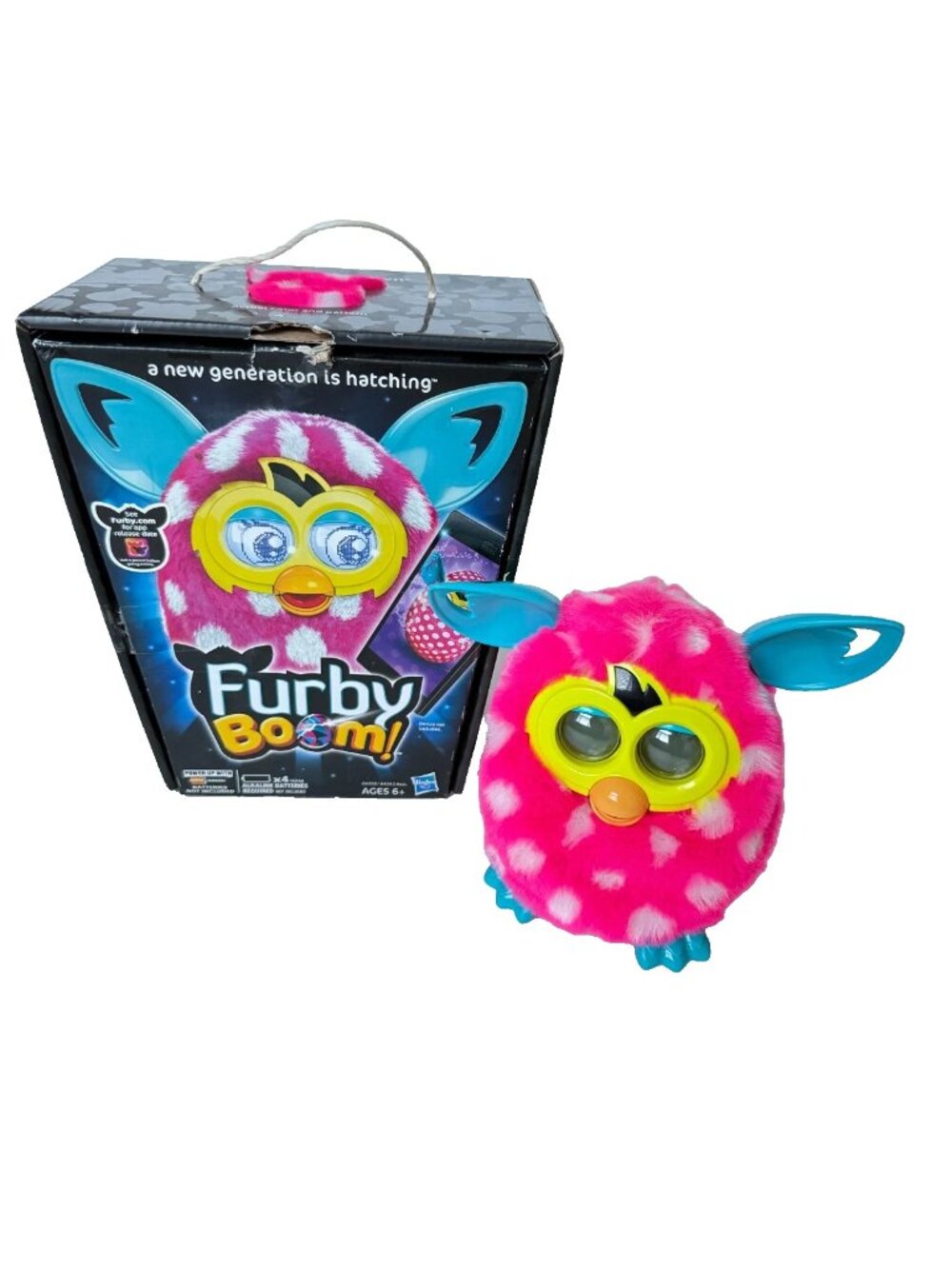 Furby Boom Pink White Polka Dot with Box WORKS Hasbro 2013 Interactive Toy Talk